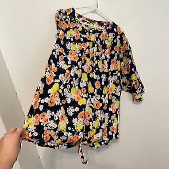 JONES NEW YORK Plus Size Tie Front V-Neck Blouse Navy Blue White Multi Floral 2X - Picture 6 of 13